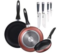 Set 3 padelle Ø16/20/24 cm, alluminio pressato, adatte per induzione + set 4 coltelli da cucina: chef, Santoku, pelapatate e muliusi, manico in silicone