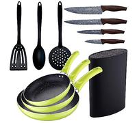 Set 3 padelle (20+24+28 cm) in alluminio pressato verde con set di 3 utensili da cucina con set di 4 coltelli in acciaio inox con Tacoma/blocco di c