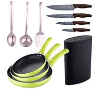 Set 3 padelle (20+24+28cm) alluminio pressato verde con Set 3 utensili da cucina inox con Set 4 coltelli inox con Tacoma