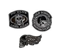Set 3 patch Toppa "No Club Lone Rider" teschio di motociclista con casco e ala, teschio Old School Motorcycles. Termoadesivi.