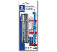 Set 3 penne pigment liner 0,3-0,5-0,7 mm + 1 matita grafite Lumograph + 1 gomma + 1 temperino