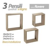 Set 3 Pensili Sospesi A Forma Quadrata Da Parete in Legno Rovere A Libera Instal