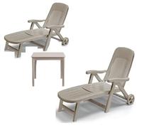 Set 3 Pezzi Giardino Piscina 2 Lettini prendisole S-C-A-B- + Tavolo Basso Resina Tortora Pieghevoli con Ruote Argo Arredo Esterno Design Moderno Anti-UV Salvaspazio