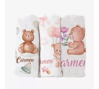 Set 3 Pezzi Mussole Con Nome Personalizzato Bimba Orsetto Idea Regalo Neonato Mussola Super Morbida Copertina Cotone Bambù 70x70cm Cotone Organico Naturale Asciugamani Bagno per Pelli Sensibili