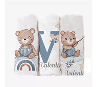 Set 3 Pezzi Mussole Personalizzate Con Nome e Orsetto Peluche Idea Regalo Neonato Copertina Mussola Super Morbida Cotone Bambù 70x70cm Cotone Organico Naturale Asciugamani Bagno per Pelli Sensibili