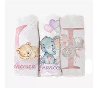 Set 3 Pezzi Mussole Personalizzate Con Nome Peluche e Fiori Idea Regalo Neonato Copertina Mussola Super Morbida Cotone Bambù 70x70cm Cotone Organico Naturale Asciugamani Bagno Pelli Sensibili