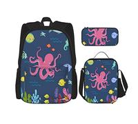 Set 3 pezzi Zaini Octopus Cartoon Underwater Sea Animal Fish Deep Ocean Sea Turtle Gamberetti Blue Book Bag Viaggio Lavoro School Bag Astuccio Pranzo Combinazione Per Uomo Donna Ragazzi Ragazze Tagl