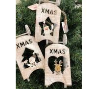 Set 3 pz decorazione natalizia legno shabby slitta, renna, pupazzo, babbo natale