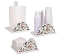 Lupia - Set 3 Pezzi Cucina in Legno White LEAVES MIX: Porta Tovaglioli, Porta Bicchieri, Porta Rotolo, Decorazione Elegante, Adatto a Stili Moderni e Classici, stile foglie grigie Legno bianco