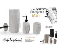 SET 3 PZ Portascopino DISPENSER SAPONE BICCHIERE ACCESSORI Bagno CERAMICA MANI
