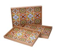 Set 3 Vassoi Rettangolari da Cucina in Legno Arancione Multicolor