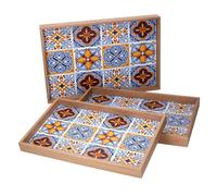 Set 3 Vassoi Rettangolari da Cucina in Legno Azzurro Multicolor