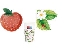 Set 32 pezzi - Kit Coordinato feste tavola FRAGOLA COCCINELLA e FIORELLINI piatti bicchieri tovaglioli BIODEGRADABILE - decoro buffet feste - 8 piatti + 8 Bicchieri + 16 tovaglioli