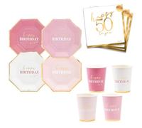 Set 32 pezzi - Kit Coordinato tavola 50 Anni - Colore Rosa, Fucsia, Rosa carico, Bianco e Oro Lucido - Cinquantesimo Compleanno - decoro buffet feste - 8 piatti + 8 Bicchieri + 16 tovaglioli