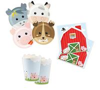 Set 32 pezzi - Kit Coordinato tavola Animali della Fattoria con Maiale, Mucca, Maiale, Asinello - decoro buffet feste, compleanno bambini - 8 piatti + 8 Bicchieri + 16 tovaglioli