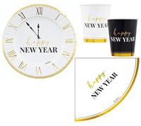 Set 32 pezzi - Kit Coordinato tavola CAPODANNO HAPPY NEW YEAR clock bianco, nero e oro lucido - decoro buffet feste, Natale, Capodanno - 8 piatti 23cm + 8 Bicchieri + 16 tovaglioli