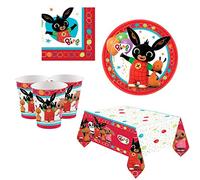 Set 33 pz - Kit Coordinato tavola Bing Il Coniglietto Nero - Decoro Buffet Feste, Compleanno, Party per Bambini - Set in Carta monouso - 8 Piatti + 8 Bicchieri + 16 tovaglioli + 1 tovaglia