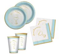Set 36 pezzi - Kit Coordinato tavola PRIMA COMUNIONE Bimbo - Colore AZZURRO celeste Bianco e ORO con Calice - decoro buffet feste - 8 piatti + 8 Bicchieri + 20 tovaglioli