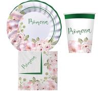 Set 36 pezzi - Kit Coordinato tavola PROMESSA con fiori - Colore verde rosa e bianco - decoro buffet feste - 8 piatti + 8 Bicchieri + 20 tovaglioli