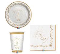 Set 36 pezzi - Kit Coordinato tavola SANTA CRESIMA - Colore Bianco e ORO con Candela e Colomba - decoro buffet feste - 8 piatti + 8 Bicchieri + 20 tovaglioli