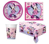 Set 37 pz - Kit Coordinato tavola MINNIE Mouse Topolina rosa Fuxia a pois Bianco - decoro buffet feste, party bambini - 8 piatti + 8 bicchieri + 20 tovaglioli + 1 Tovaglia