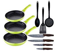 Set 3pc padella (20+24+28cm) alluminio pressato verde con set 3pcs utensili da cucina con set 4pc coltelli in acciaio inox