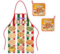 Set 3pezzi, Grembiule e 2 Presine, tessuto Cotone, disegno Pizza Italia, souvenir, Prodotto in Italia, eco-friendly, utile in cucina, da regalare, tipico italiano, articoli per cuoco, italianità