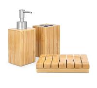 Navaris Set Accessori Bagno Bambù 3 Pz - Bicchiere Porta Spazzolino da Denti Dispenser Porta Sapone Vassoio Porta Saponetta - Kit Legno 18,5x16x11cm