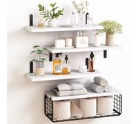 BAKAJI Set 4+1 Mensole da Parete in Legno Massiccio, Scaffali a Muro Multiuso, Staffe e Cestino in Metallo, Scaffalatura per Camera da Letto, Soggiorno, Cucina, Bagno, Libreria, Salvaspazio (Bianco)