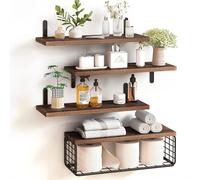 BAKAJI Set 4+1 Mensole da Parete in Legno Massiccio, Scaffali a Muro Multiuso, Staffe e Cestino in Metallo, Scaffalatura per Camera da Letto, Soggiorno, Cucina, Bagno, Libreria, Salvaspazio (Rovere)