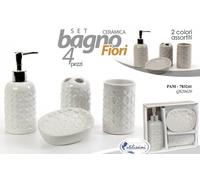 SET 4 ACCESSORI BAGNO Dispenser DOSATORE PORTA Sapone BICCHIERE SPAZZOLINO FIORI
