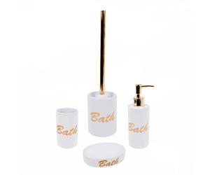 SET 4 ACCESSORI DA BAGNO IN CERAMICA BIANCO ORO SCOPINO PORTA E DOSA SAPONE BATH