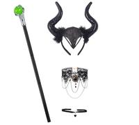 Set 4 accessori per costume da diavolo per Halloween, cerchietto con corna di pecora, demone, bastone da strega verde magico, collana gotica, collana con ciondolo, bastone da passeggio, cosplay