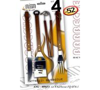 SET 4 ATTREZZI BARBECUE 52 cm COLTELLO PINZA SPATOLA FORCHETTONE MANICO LEGNO