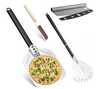 Set 4 attrezzi pale pizza, pala da pizza forato cm. 30 x 40, Palettino per pizza tonda cm. 23 x 45 in Alluminio Leggera, Coltello tagliapizza professionale, spazzola in fibra naturale