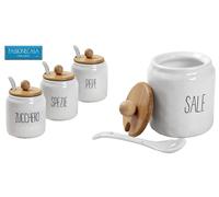 SET 4 BARATTOLI SALE ZUCCHERO PEPE SPEZIE CUCCHIAIO CERAMICA BIANCA h 12 cm