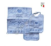 SET 4 BAVAGLINI CON ELASTICO E 2 ASCIUGAMANI COLORE AZZURRO BAMBINO CON RICAMO