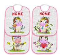 Set 4 Bavaglino Asilo con elastico personalizzabile con nome Unicorno Rosa