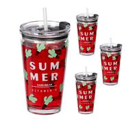 Set 4 bicchieri vetro bambini tappo cannuccia silicone 450 ml design cactus