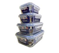 Set 4 Contenitori Rettangolari In Vetro Con Coperchio Ermetico Per Alimenti