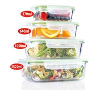 ALPINA Contenitori salvafreschezza con coperchio, in vetro, 8 pezzi, contenitore in vetro, contenitore per microonde, congelatore, sicuro sopra e lavastoviglie, 370, 640, 1050, 1520 ml