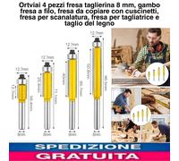 Set 4 Frese Punte per La Lavorazione del Legno 8Mm Con Cuscinetto per Rifilare