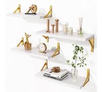 BAKAJI Set 4 Mensole da Parete in Legno Bianco con Staffe in Metallo Oro, Scaffalatura a Muro Multiuso Montaggio Creativo, Scaffale per Camera da Letto, Soggiorno, Cucina, Bagno, Libreria Salvaspazio