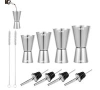 Set 4 Misurini Cocktail in Acciaio Inox, Dosatore Doppio 15/30 ml 20/40 ml 25/50 ml 30/60 ml, Jigger Graduato con 4 Beccucci Versatori e 2 Spazzole, Accessori Bar per Casa, Feste, Vino, Gin e Shaker