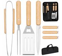 Set 4 Pezzi Accessori per Barbecue con Valigetta Pieghevole con Manico in Legno