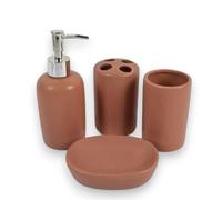 Set 4 Pezzi Dispenser Sapone, Porta spazzolino, Porta Saponetta e Bicchiere in Ceramica con Texture effetto Elegante Arredo Bagno WC Accessori da Bagno