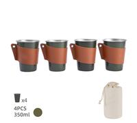 Set 4 Pezzi Tazzine Caffè Acciaio Inox 350ml Uso Esterno con Manicotto in Pelle