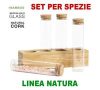 SET 4 PORTA SPEZIE CONTENITORE BARATTOLO VETRO LEGNO TAPPI SUGHERO ERBE AROMI