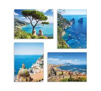 Set 4 Quadri Paesaggi Italiani - Panorama Amalfi, Capri, Napoli, Positano - Stampa su Tela con telaio in legno