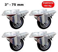 SET 4 RUOTE DA 3" - 75 mm PIROETTANTI 360° CON PIASTRA DI FISSAGGIO E FRENO